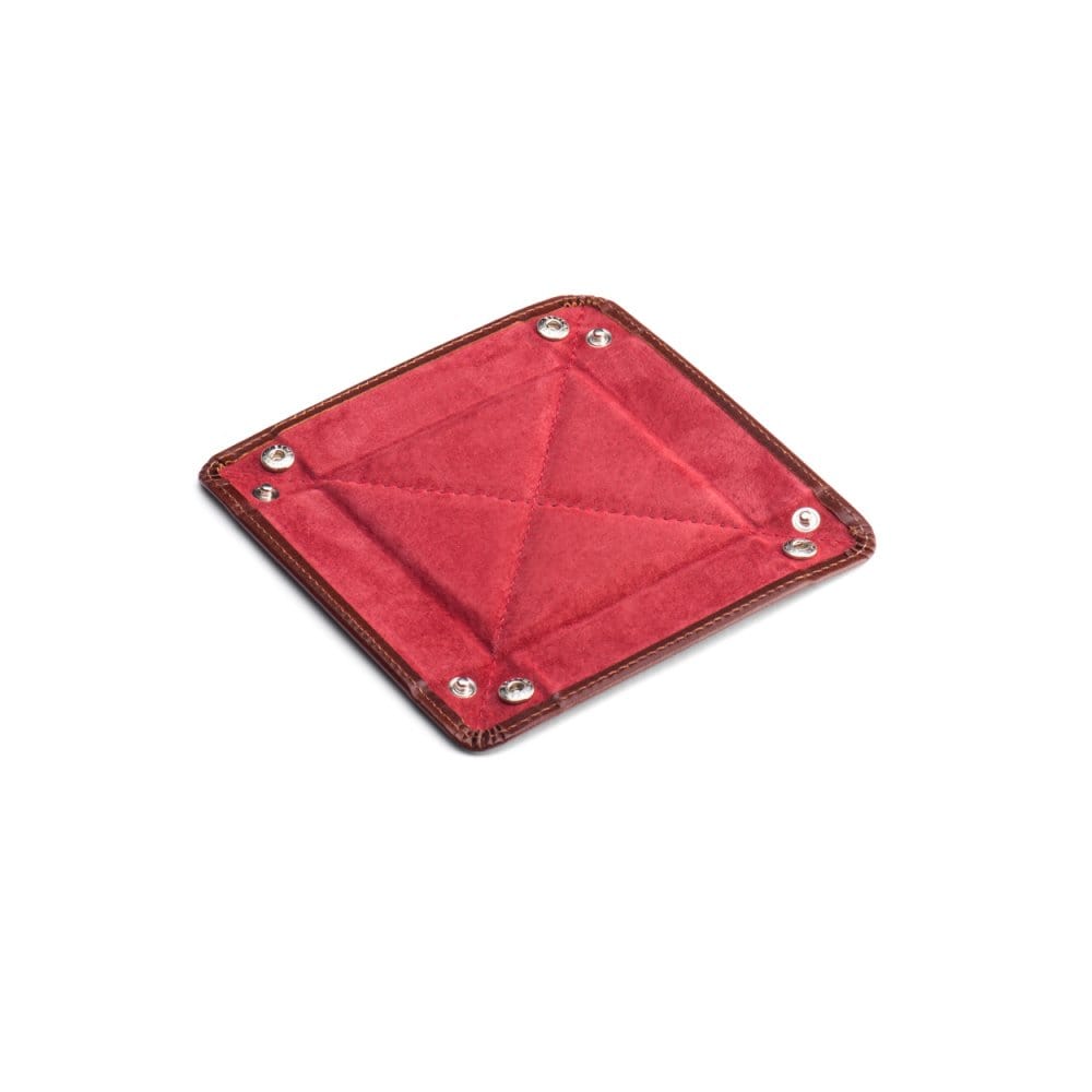 Small leather valet tray, dark tan with red, open