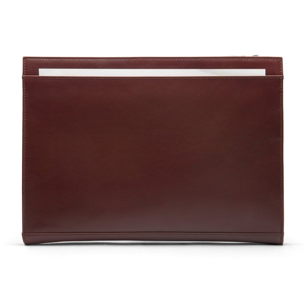 Zip top leather folder, dark tan, front view