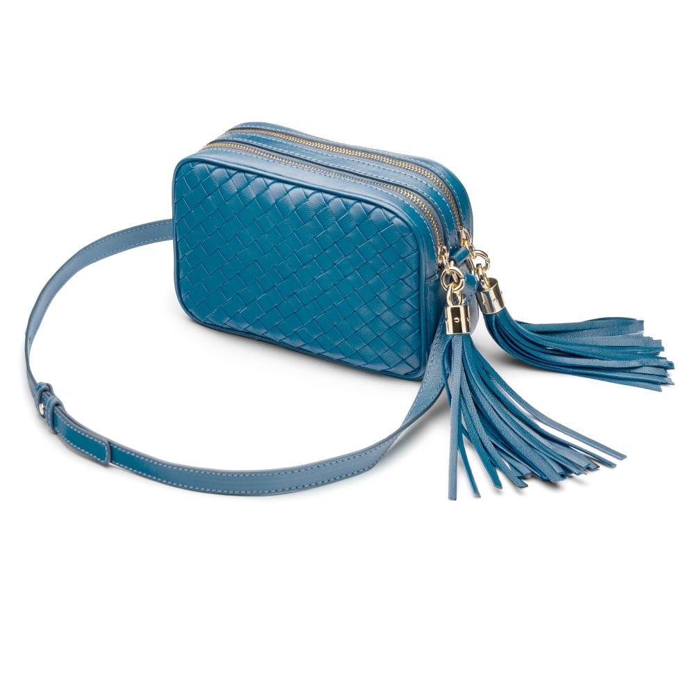 Woven leather camera bag, dark turquoise, side