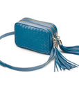 Woven leather camera bag, dark turquoise, side