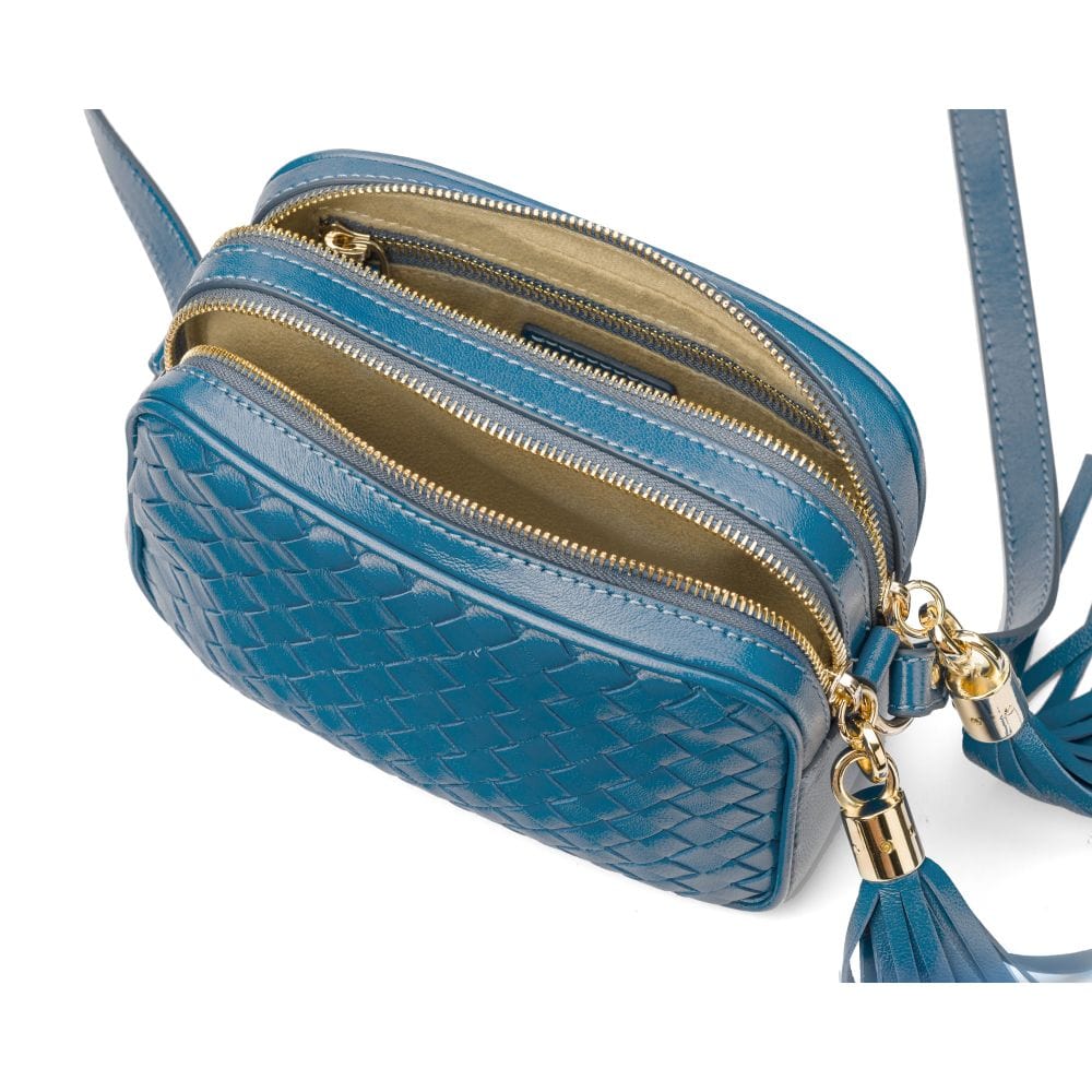 Woven leather camera bag, dark turquoise, inside