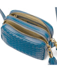 Woven leather camera bag, dark turquoise, inside