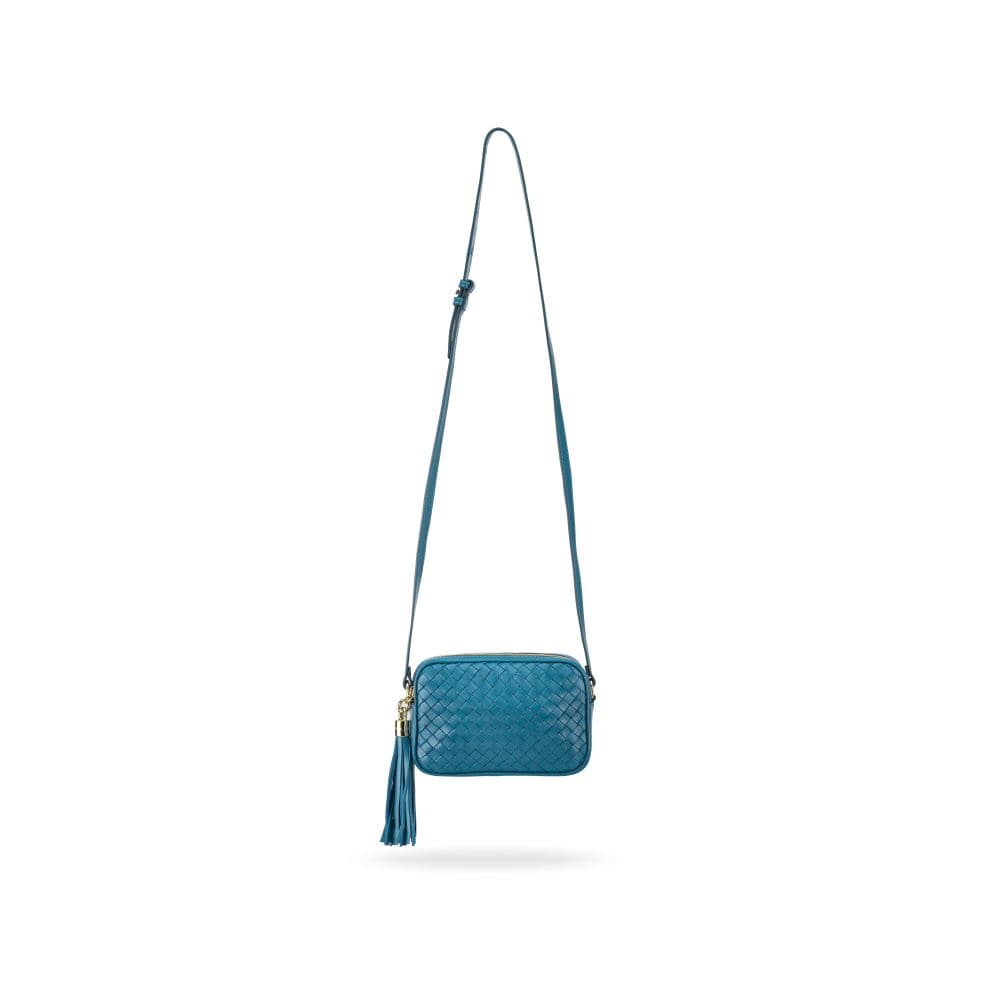 Woven leather camera bag, dark turquoise, with long shoulder strap