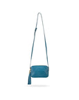 Woven leather camera bag, dark turquoise, with long shoulder strap