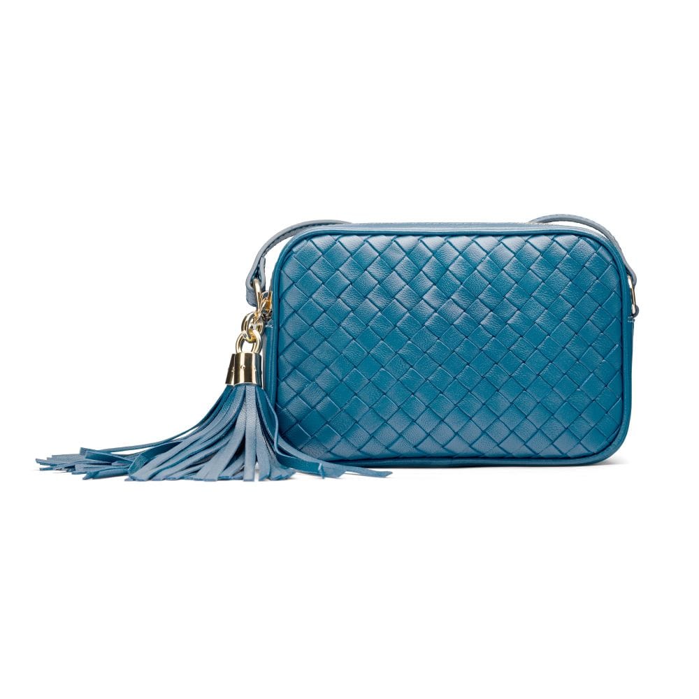 Woven leather camera bag, dark turquoise, front