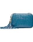 Woven leather camera bag, dark turquoise, front