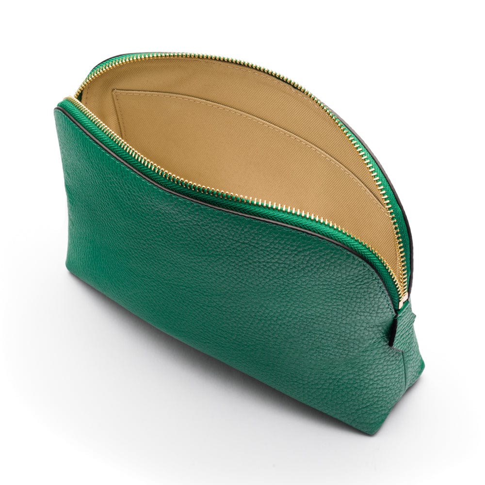 Leather cosmetic bag, emerald, open