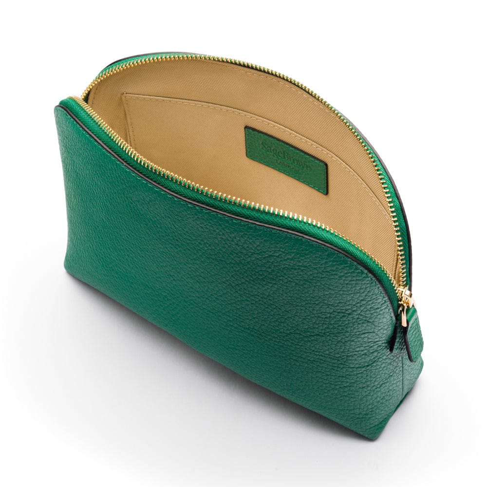 Leather cosmetic bag, emerald, open