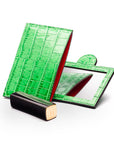 Compact leather mirror, emerald croc