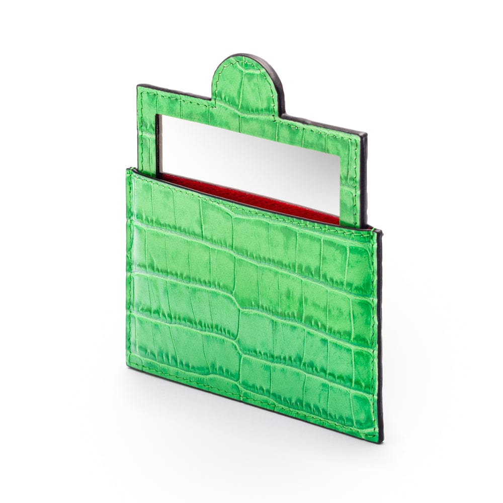 Compact leather mirror, emerald croc, side