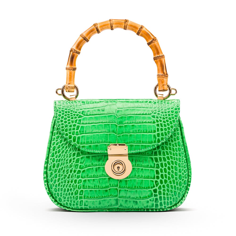 Bamboo handle bag, emerald croc, front view