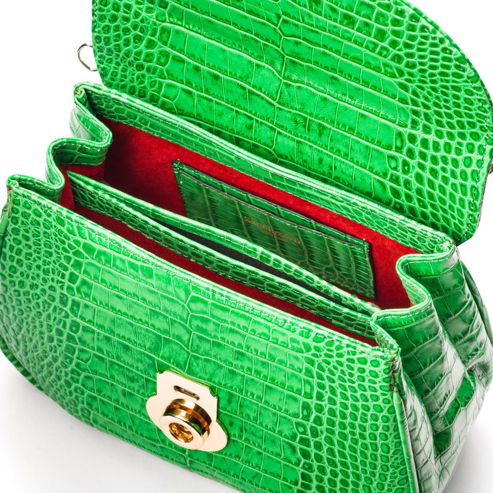 Bamboo handle bag, emerald croc, inside view