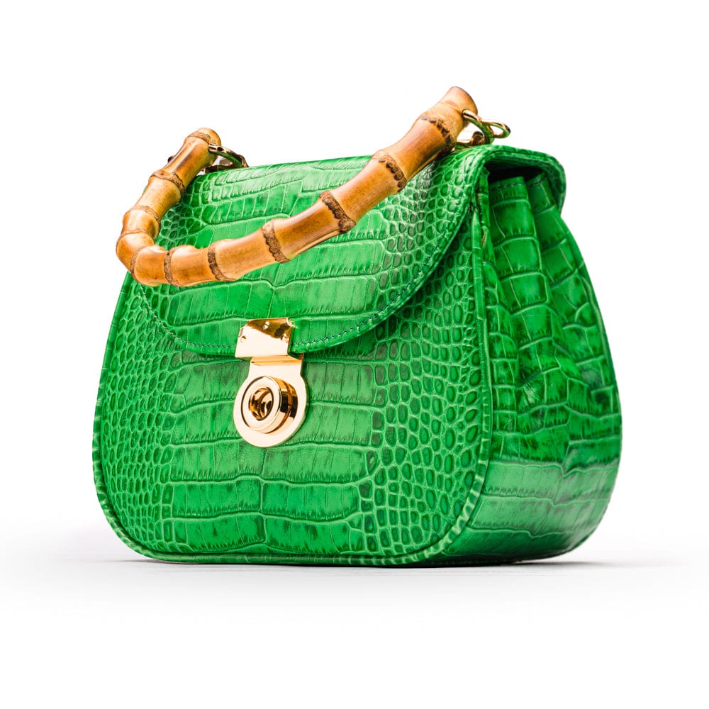 Bamboo handle bag, emerald croc, side view