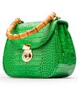 Bamboo handle bag, emerald croc, side view