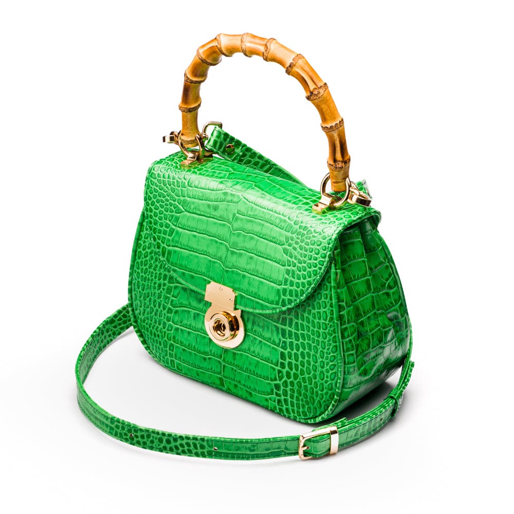 Bamboo handle bag, emerald croc, with long shoulder strap