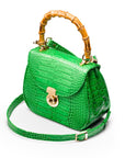 Bamboo handle bag, emerald croc, with long shoulder strap