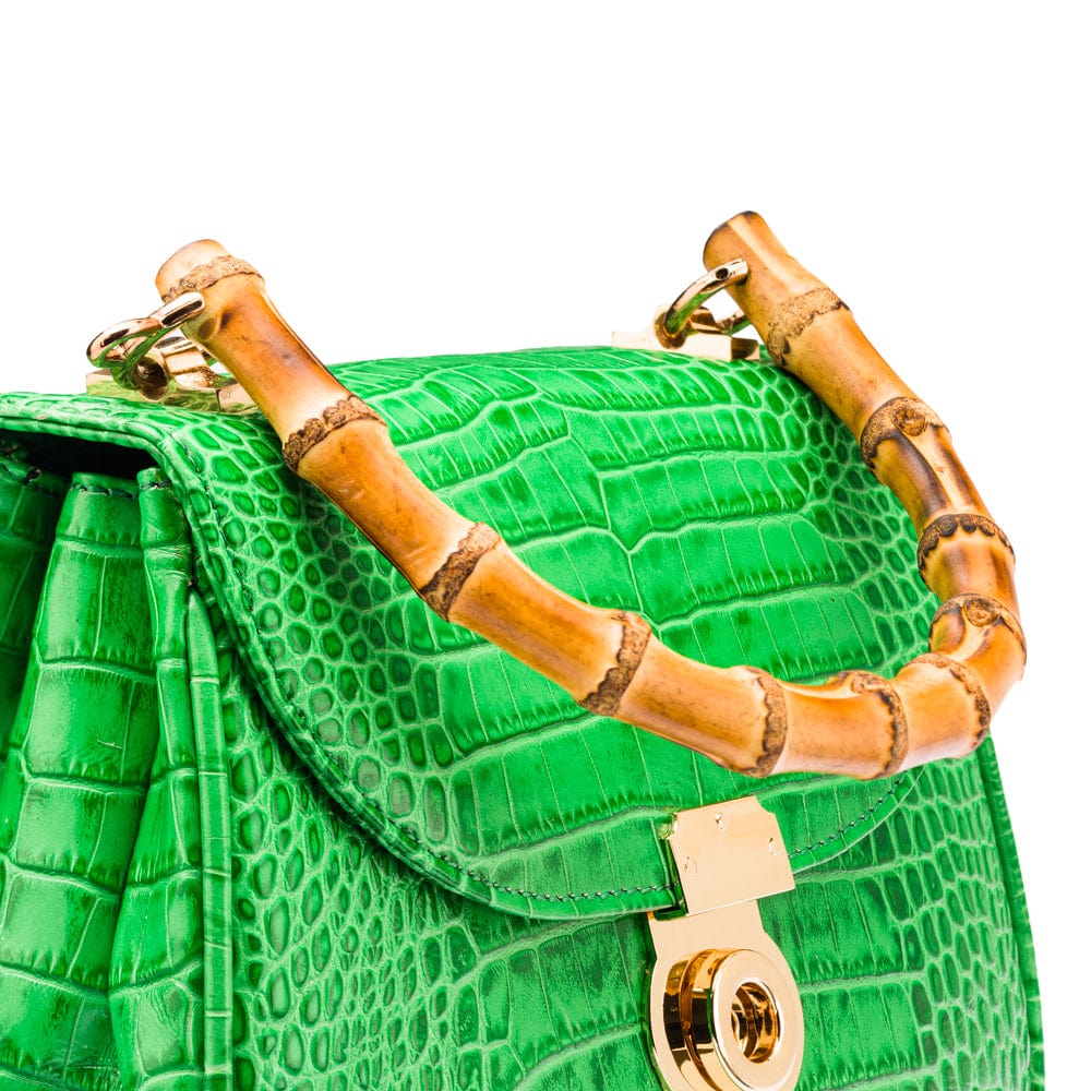 Bamboo handle bag, emerald croc, bamboo handle closeup