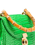 Bamboo handle bag, emerald croc, bamboo handle closeup