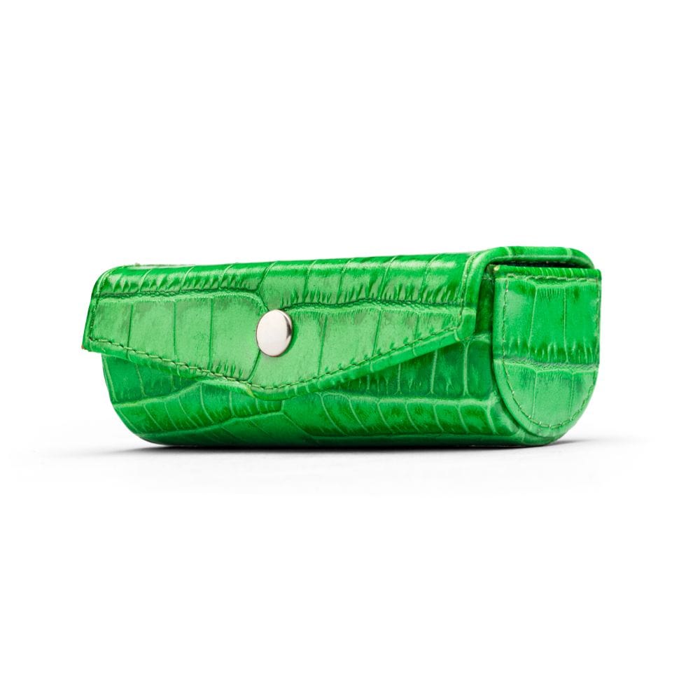 Leather lipstick case, emerald green croc, front view