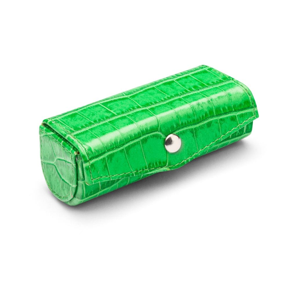 Leather lipstick case, emerald green croc, side view
