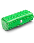 Leather lipstick case, emerald green croc, side view