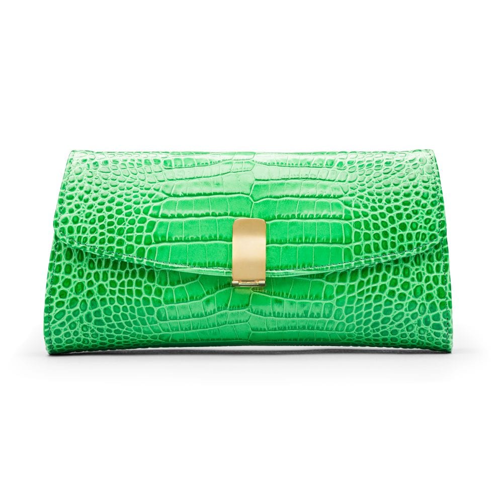 Leather clutch bag, emerald croc, front view