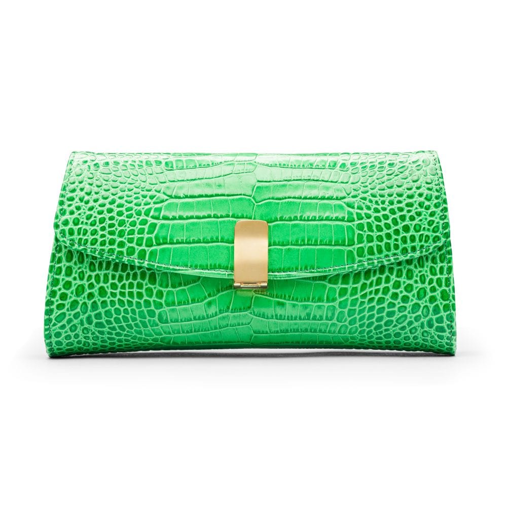 Leather Clutch Bag, Emerald Green Croc Clutch Bags SageBrown