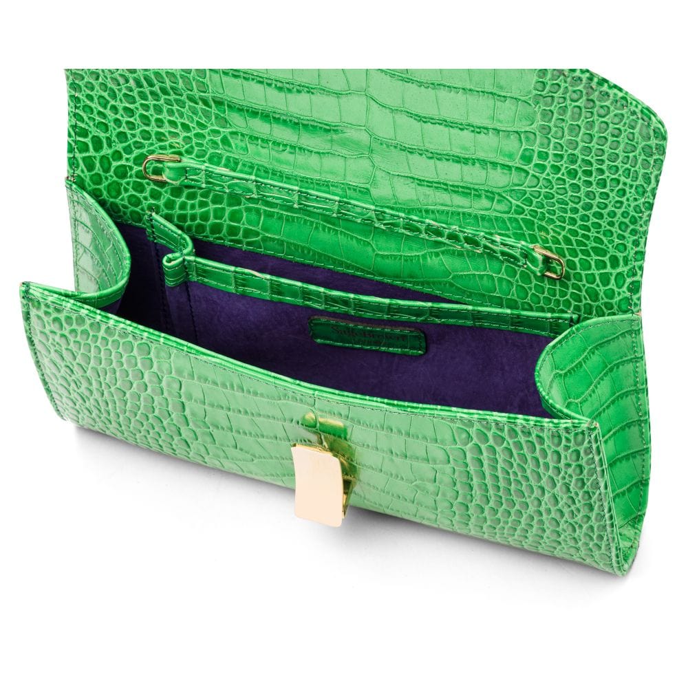 Leather clutch bag, emerald croc, inside view