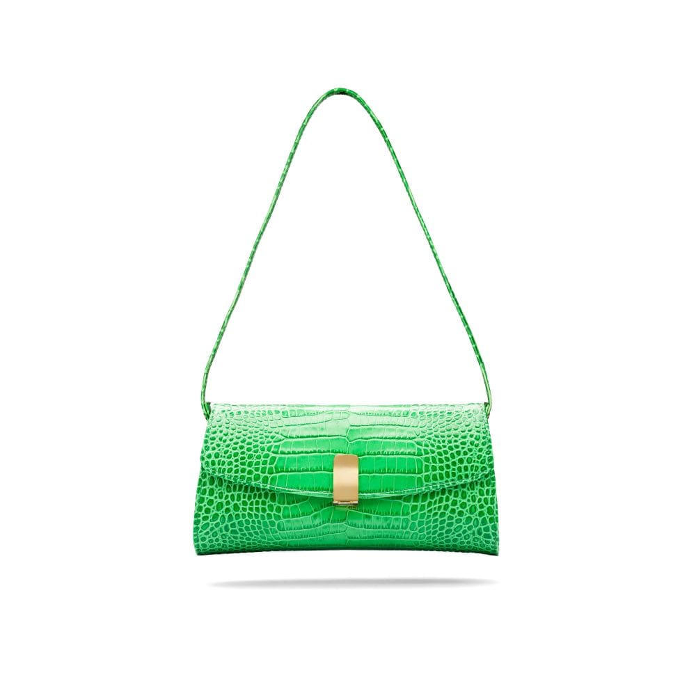 Leather clutch bag, emerald croc, short strap