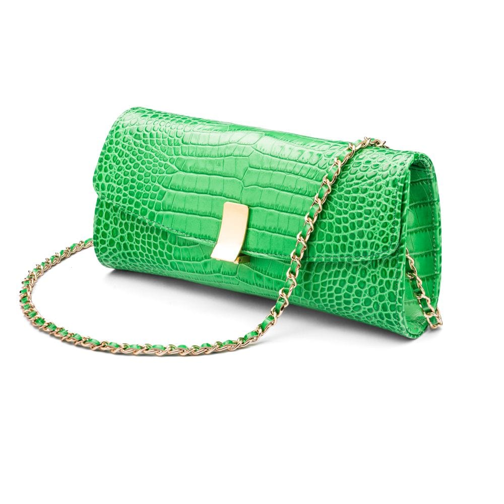 Leather clutch bag, emerald croc, long chain strap