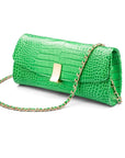 Leather clutch bag, emerald croc, long chain strap