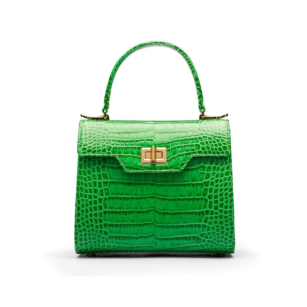 Mini leather Morgan Bag, top handle bag, emerald croc, front view