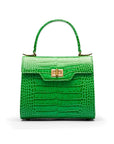 Mini leather Morgan Bag, top handle bag, emerald croc, front view