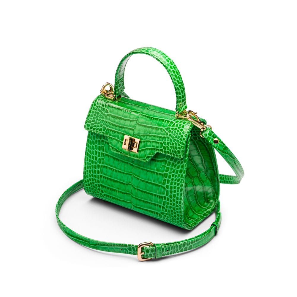 Mini leather Morgan Bag, top handle bag, emerald croc, side view