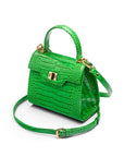 Mini leather Morgan Bag, top handle bag, emerald croc, side view