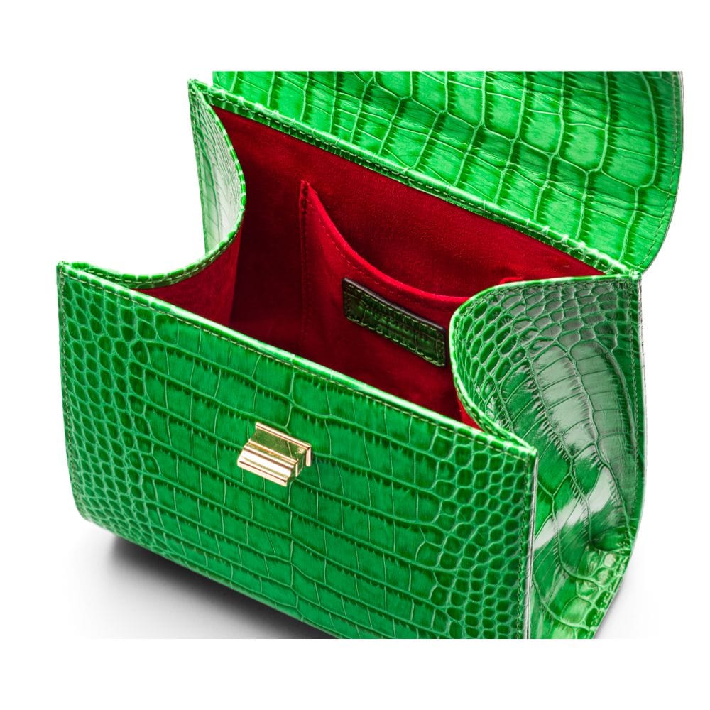 Mini leather Morgan Bag, top handle bag, emerald croc, inside view