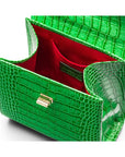 Mini leather Morgan Bag, top handle bag, emerald croc, inside view