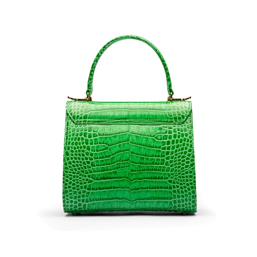 Mini leather Morgan Bag, top handle bag, emerald croc, back view