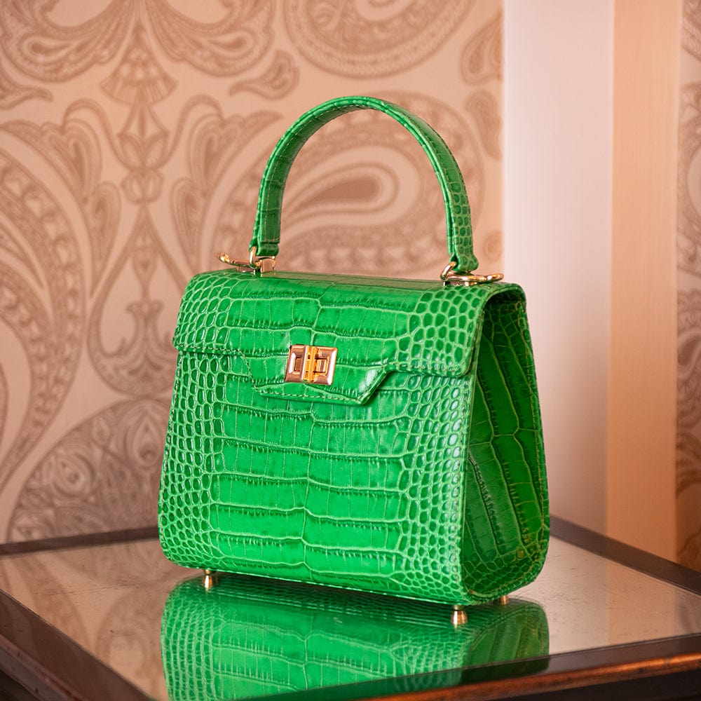 Mini leather Morgan Bag, top handle bag, emerald croc, lifestyle