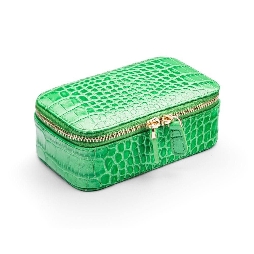 Rectangular zip around jewellery case, emerald croc, front