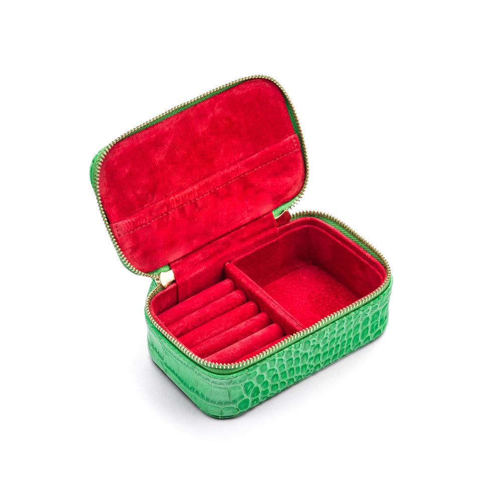 Rectangular zip around jewellery case, emerald croc, inside