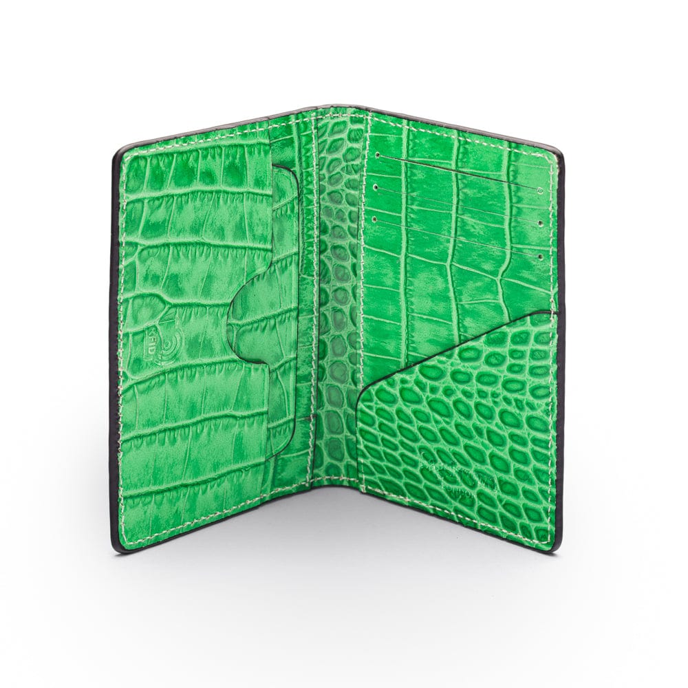 Leather card holder with RFID protection, emerald croc, open