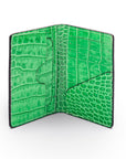 Leather card holder with RFID protection, emerald croc, open