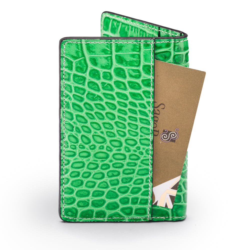 Leather card holder with RFID protection, emerald croc, back