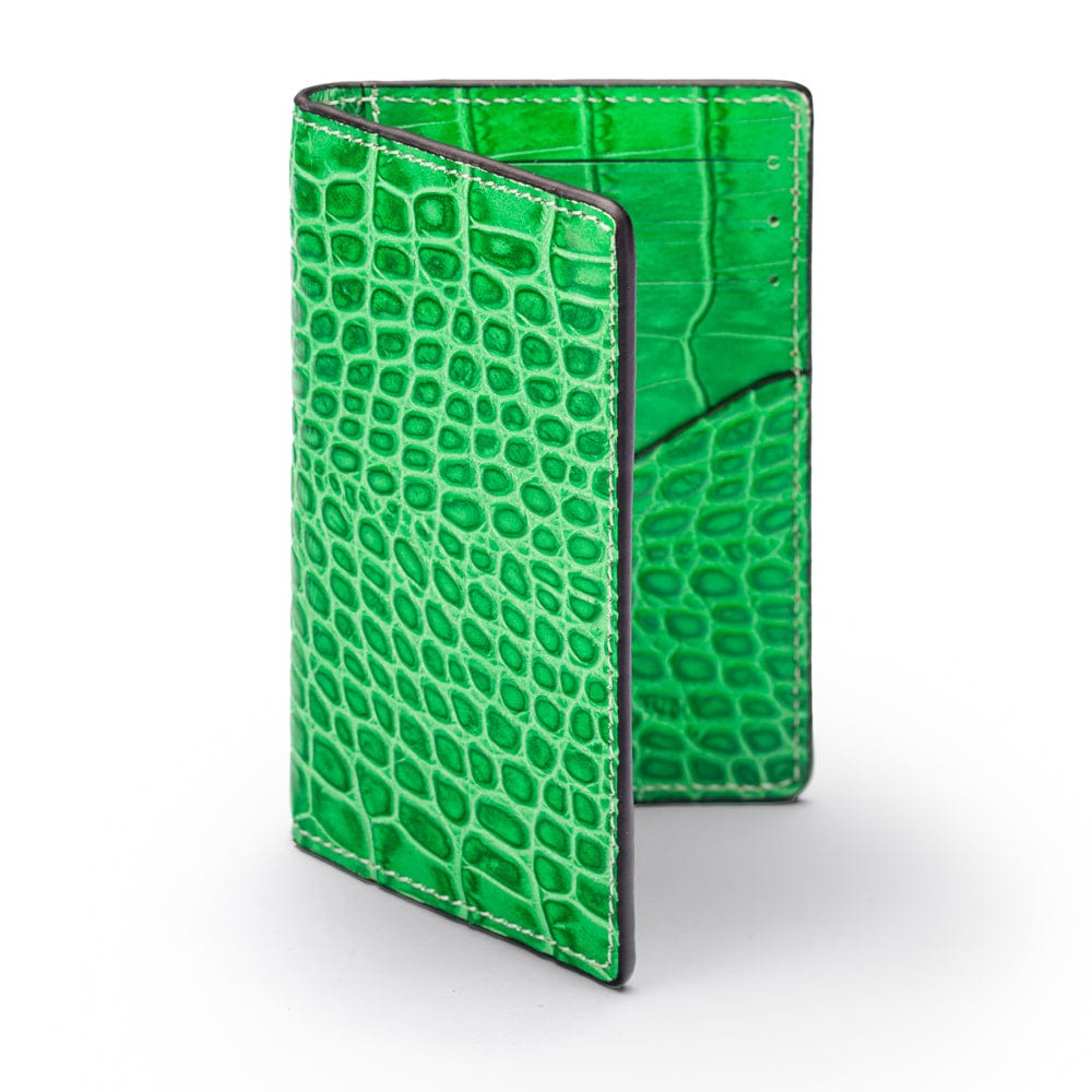 Leather card holder with RFID protection, emerald croc, front