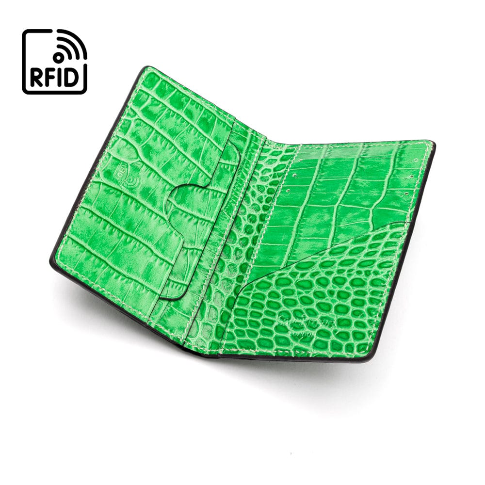 Leather card holder with RFID protection, emerald croc, inside
