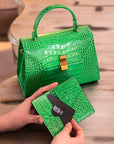 RFID compact credit card wallet, emerald croc, lifestyle