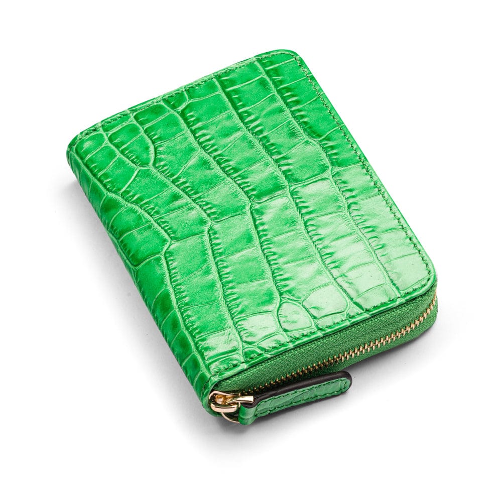 Small leather zip around accordion coin purse, emerald croc, front view