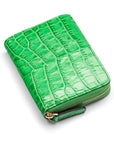 Small leather zip around accordion coin purse, emerald croc, front view