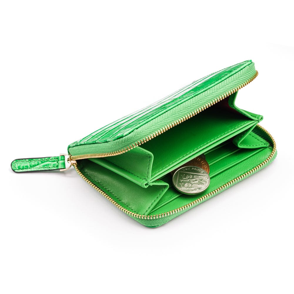 Small leather zip around accordion coin purse, emerald croc, inside view 2